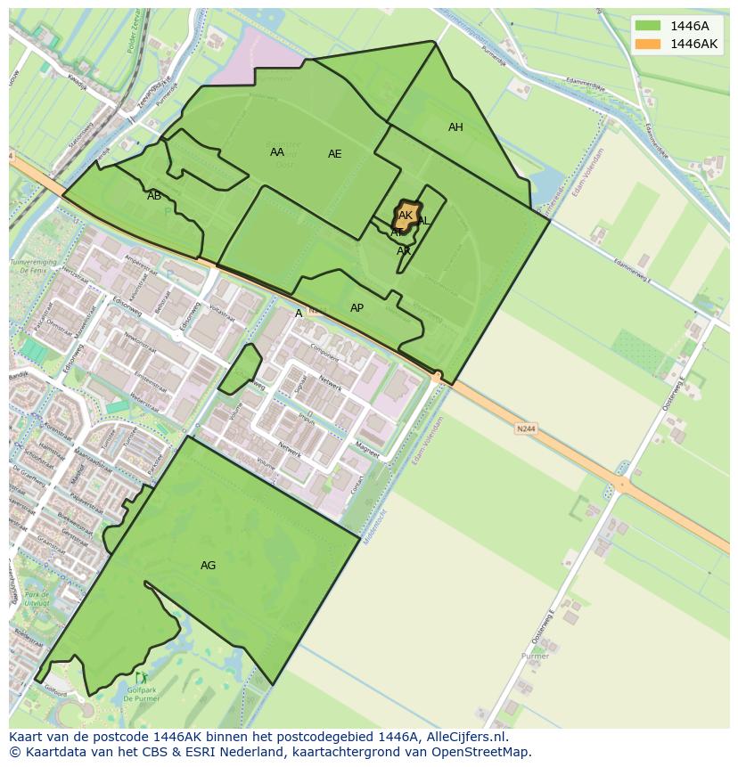 Afbeelding van het postcodegebied 1446 AK op de kaart.