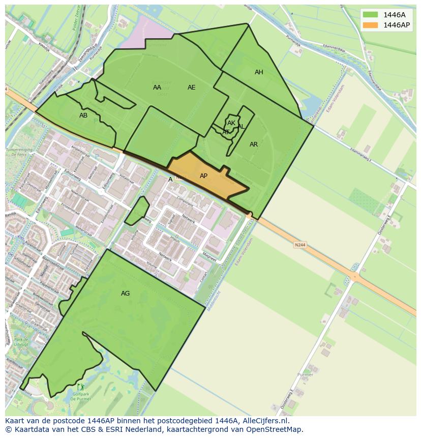 Afbeelding van het postcodegebied 1446 AP op de kaart.