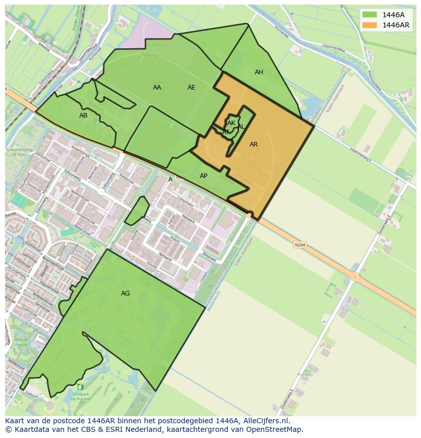 Afbeelding van het postcodegebied 1446 AR op de kaart.