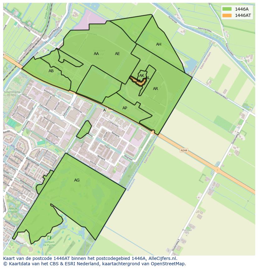 Afbeelding van het postcodegebied 1446 AT op de kaart.