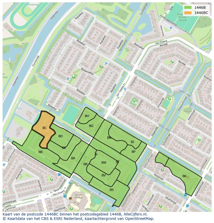 Afbeelding van het postcodegebied 1446 BC op de kaart.