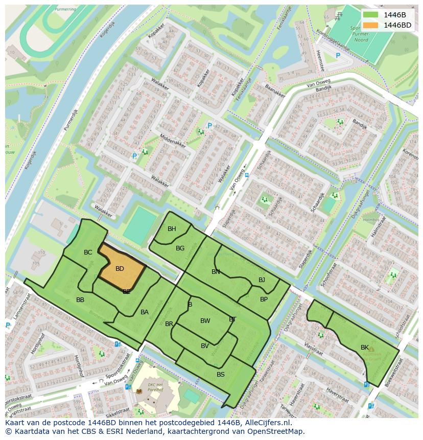 Afbeelding van het postcodegebied 1446 BD op de kaart.