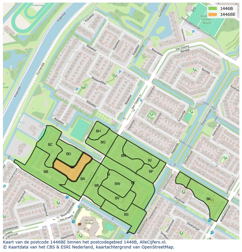 Afbeelding van het postcodegebied 1446 BE op de kaart.