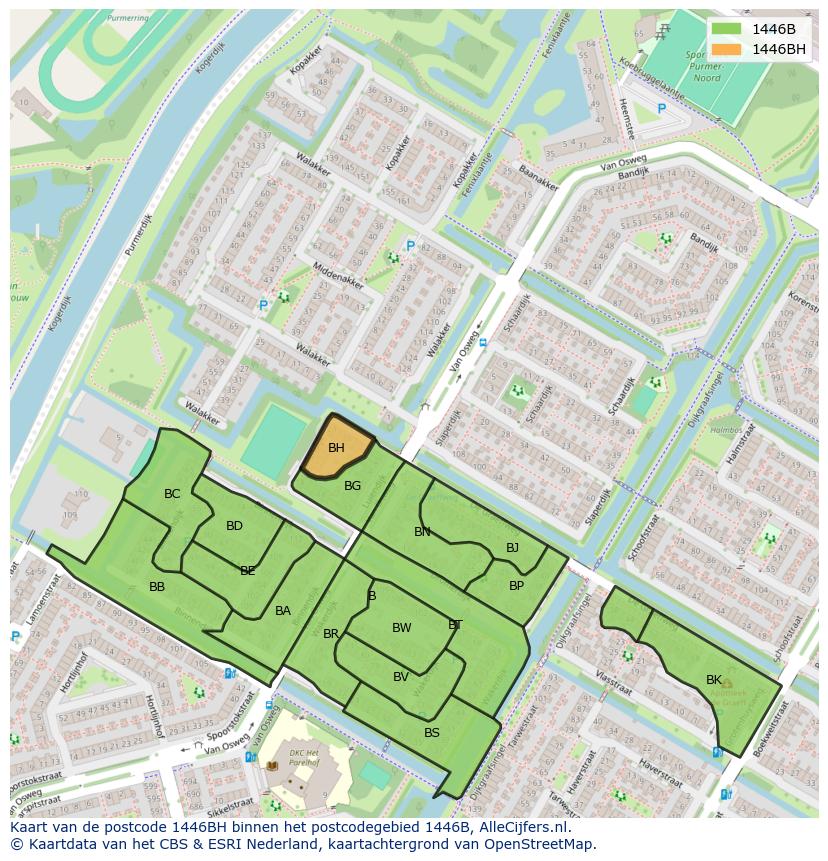 Afbeelding van het postcodegebied 1446 BH op de kaart.