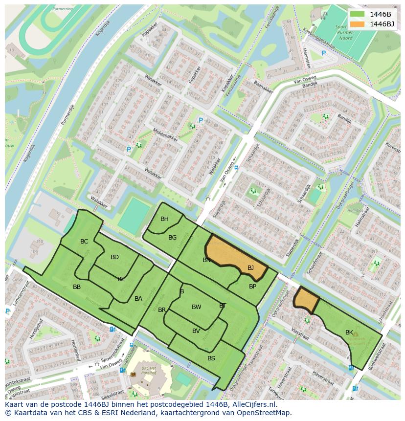 Afbeelding van het postcodegebied 1446 BJ op de kaart.