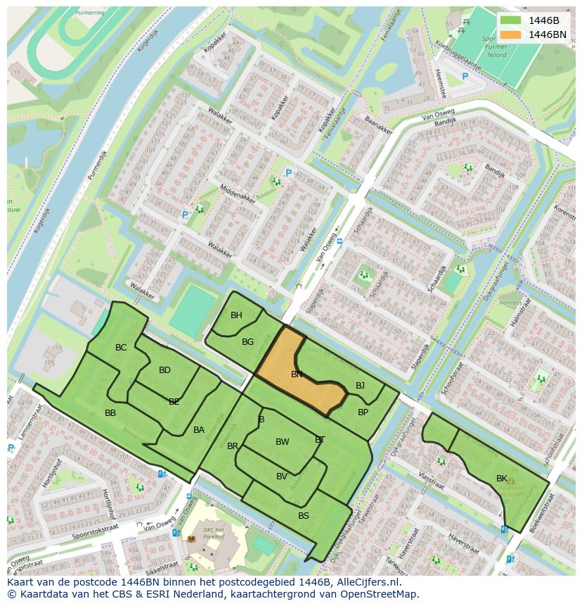 Afbeelding van het postcodegebied 1446 BN op de kaart.