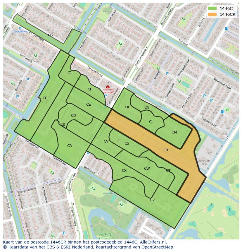 Afbeelding van het postcodegebied 1446 CR op de kaart.