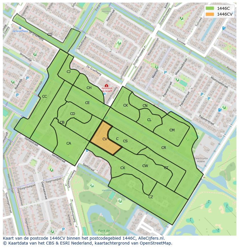 Afbeelding van het postcodegebied 1446 CV op de kaart.