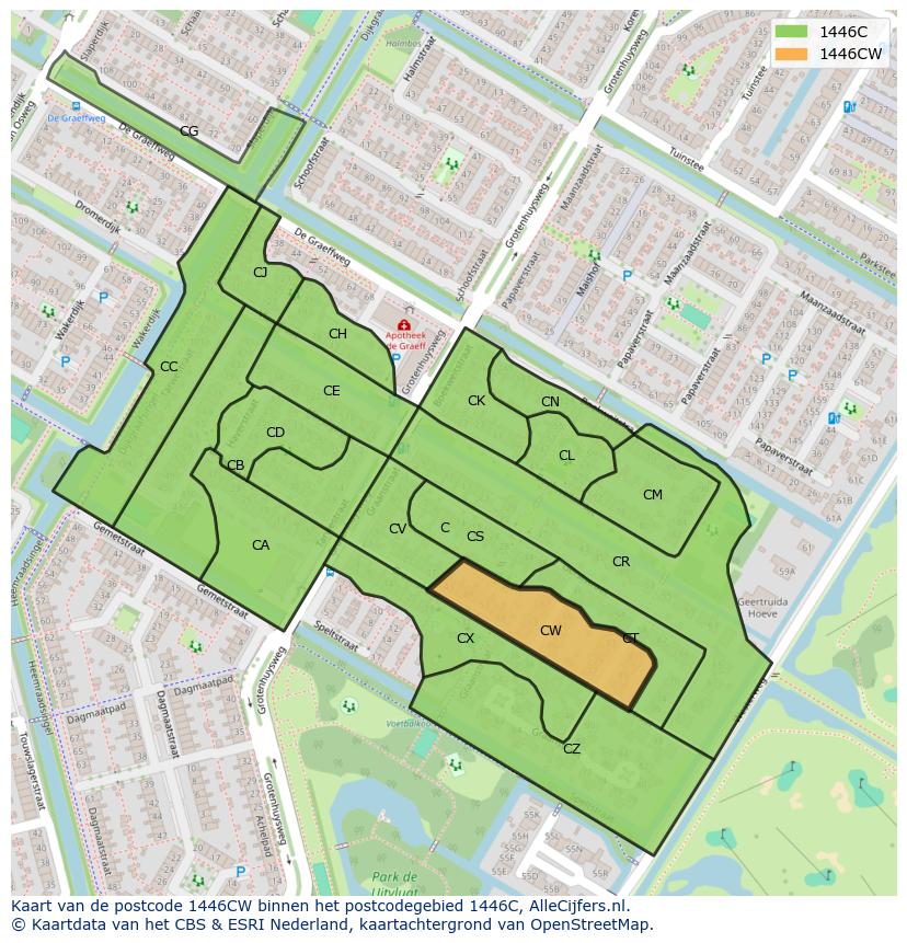 Afbeelding van het postcodegebied 1446 CW op de kaart.