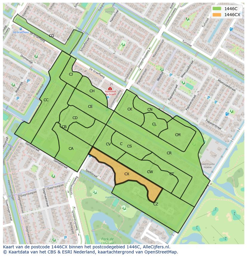 Afbeelding van het postcodegebied 1446 CX op de kaart.