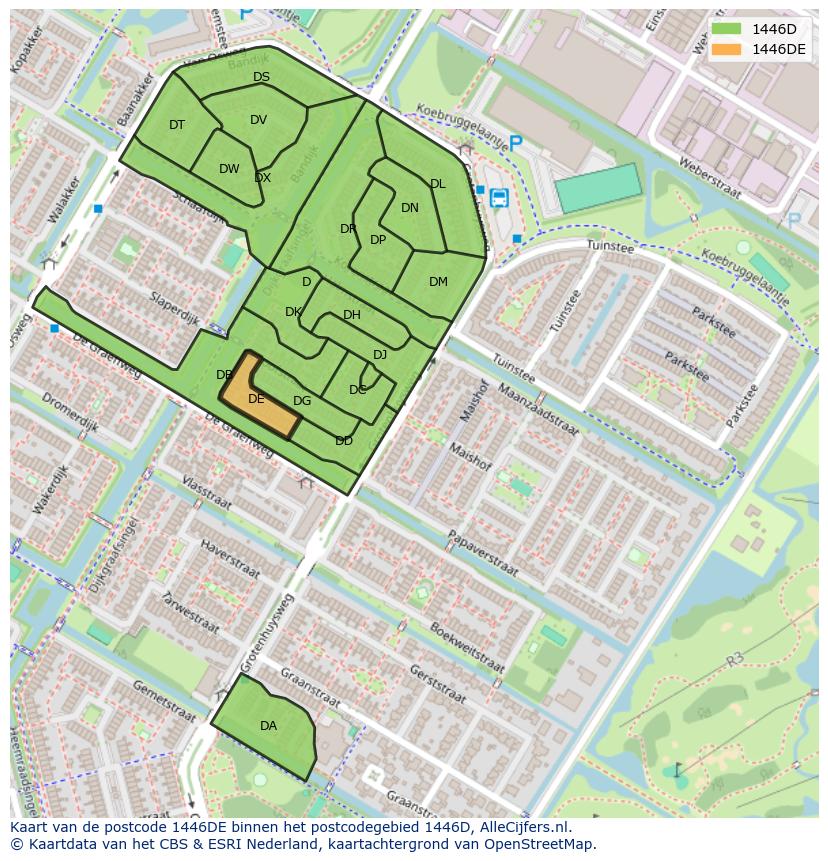Afbeelding van het postcodegebied 1446 DE op de kaart.