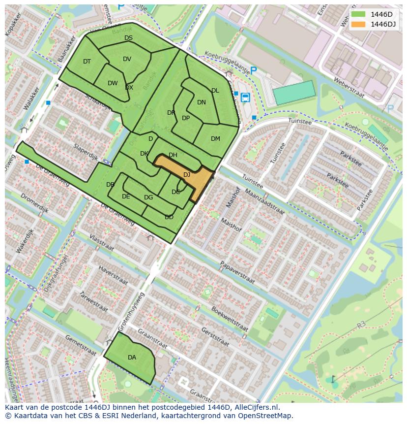 Afbeelding van het postcodegebied 1446 DJ op de kaart.