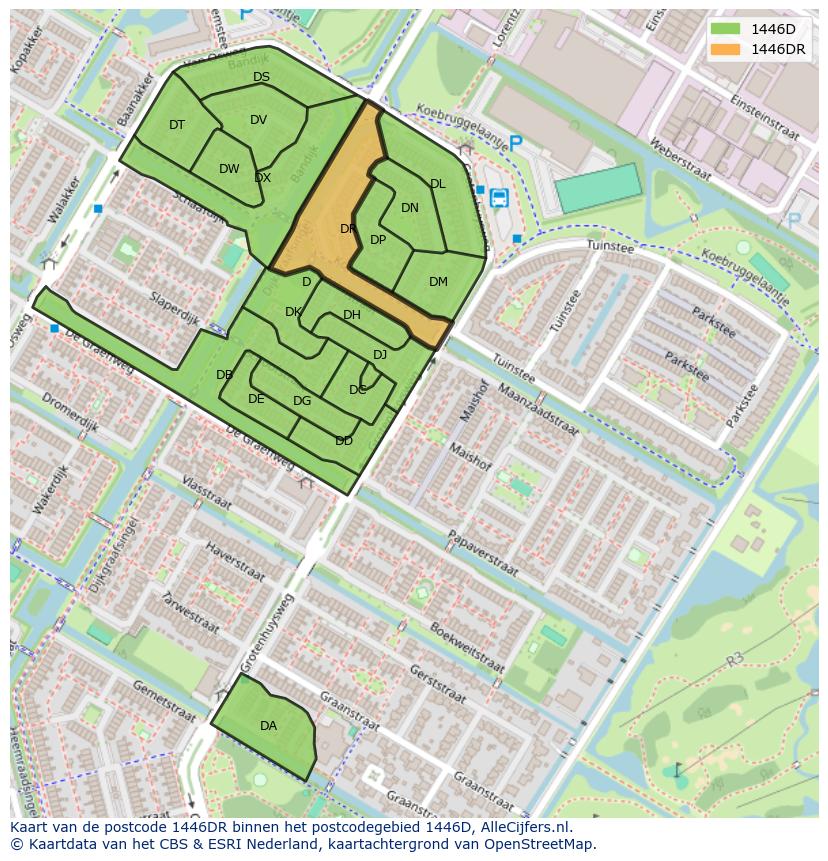 Afbeelding van het postcodegebied 1446 DR op de kaart.