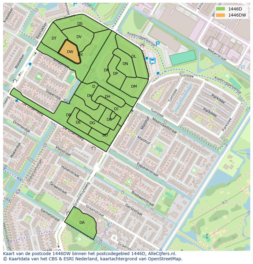 Afbeelding van het postcodegebied 1446 DW op de kaart.