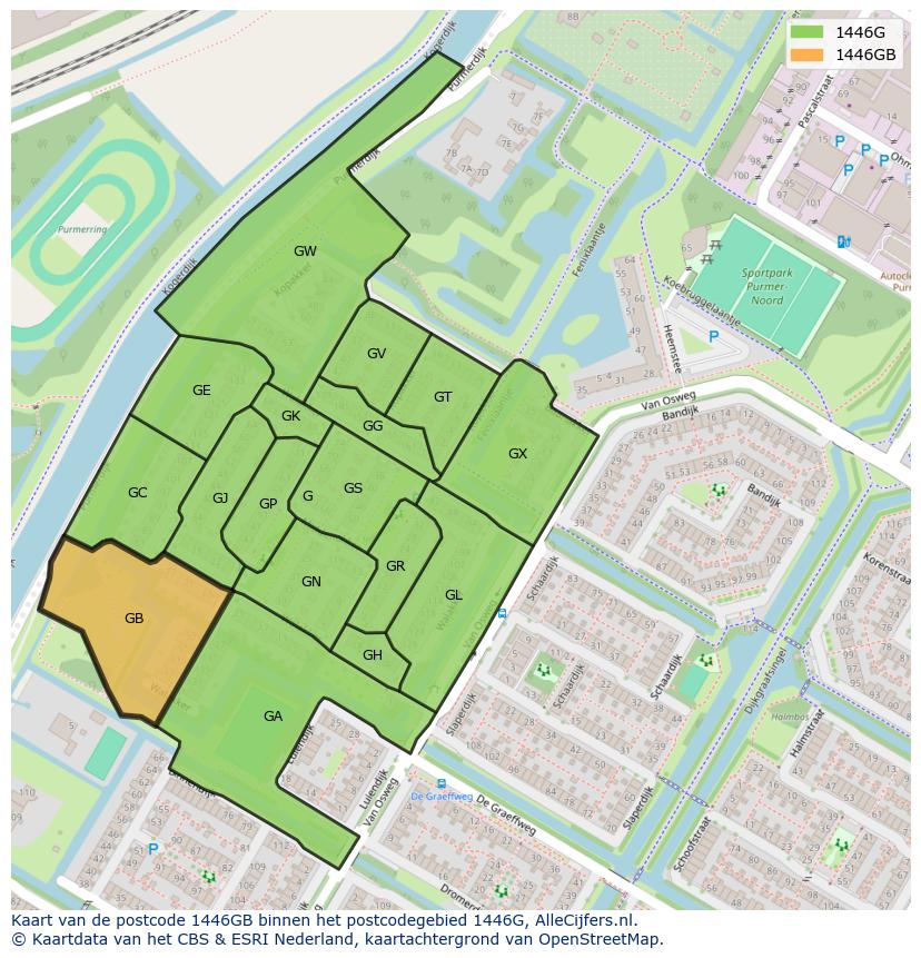 Afbeelding van het postcodegebied 1446 GB op de kaart.
