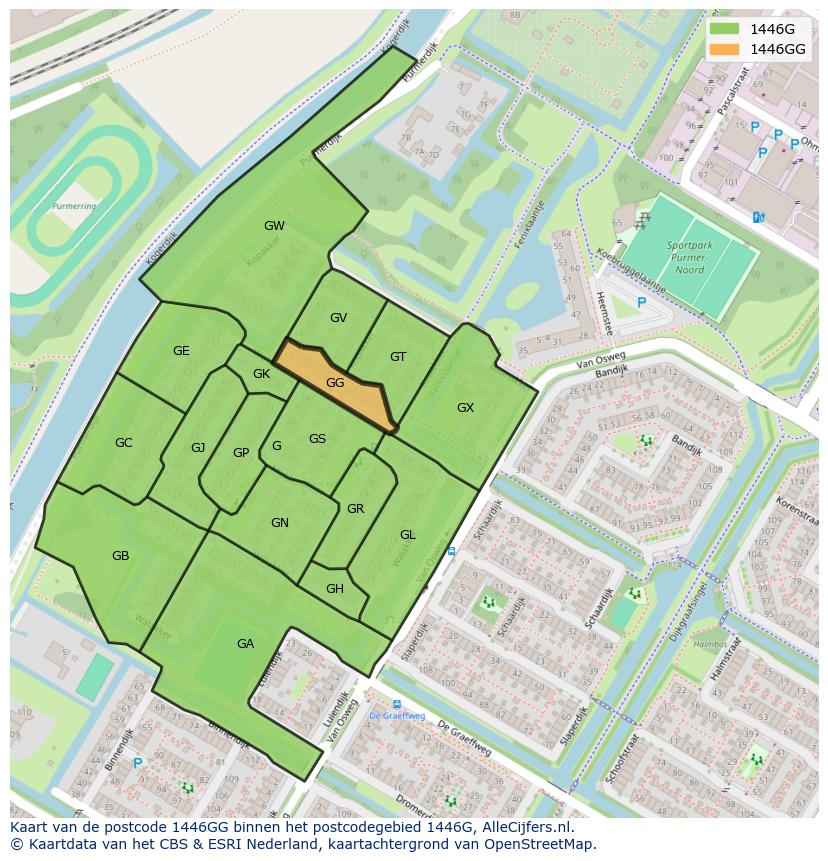 Afbeelding van het postcodegebied 1446 GG op de kaart.