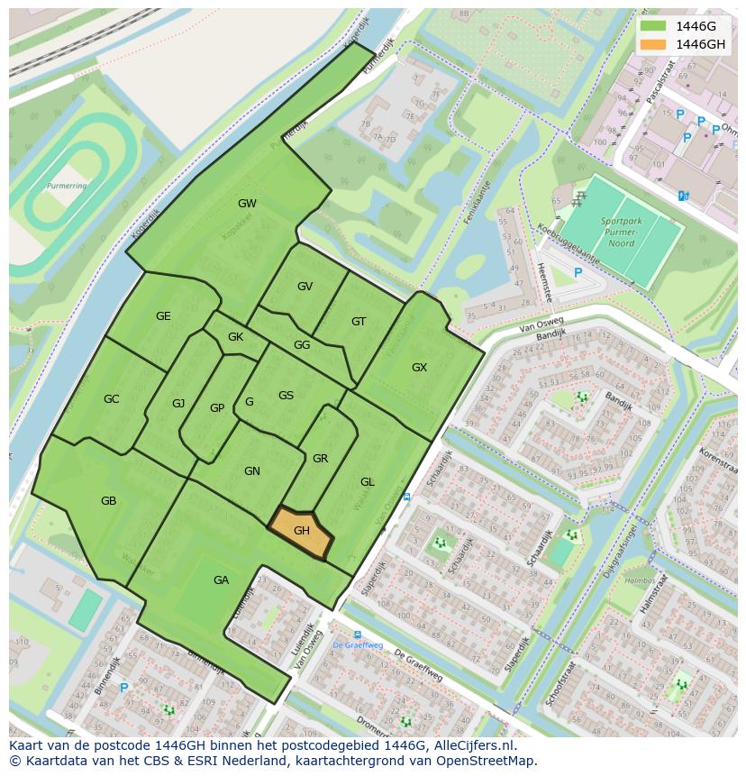 Afbeelding van het postcodegebied 1446 GH op de kaart.