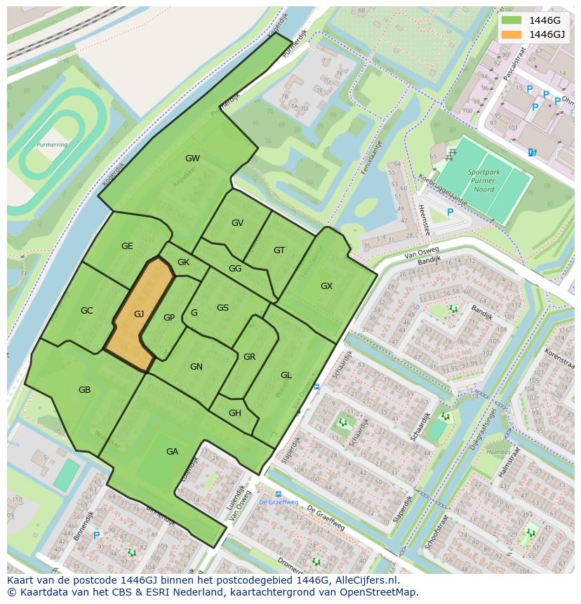 Afbeelding van het postcodegebied 1446 GJ op de kaart.