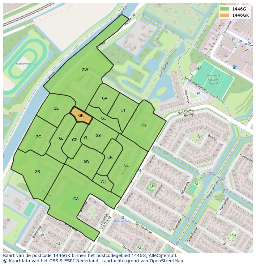 Afbeelding van het postcodegebied 1446 GK op de kaart.