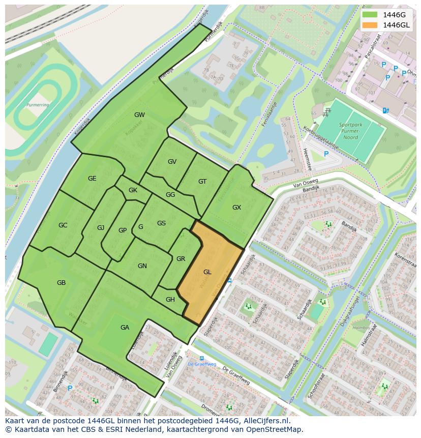 Afbeelding van het postcodegebied 1446 GL op de kaart.