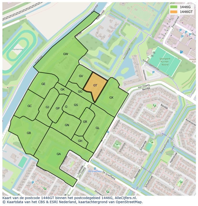 Afbeelding van het postcodegebied 1446 GT op de kaart.