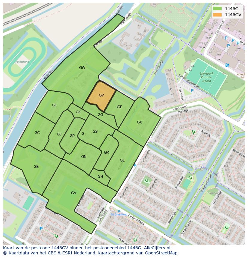 Afbeelding van het postcodegebied 1446 GV op de kaart.