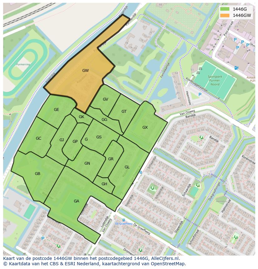 Afbeelding van het postcodegebied 1446 GW op de kaart.