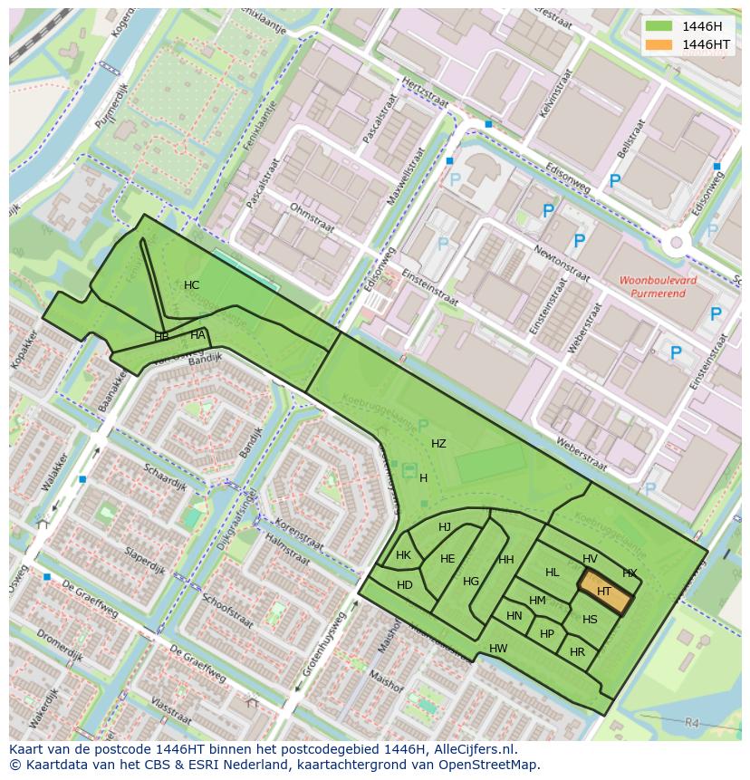 Afbeelding van het postcodegebied 1446 HT op de kaart.