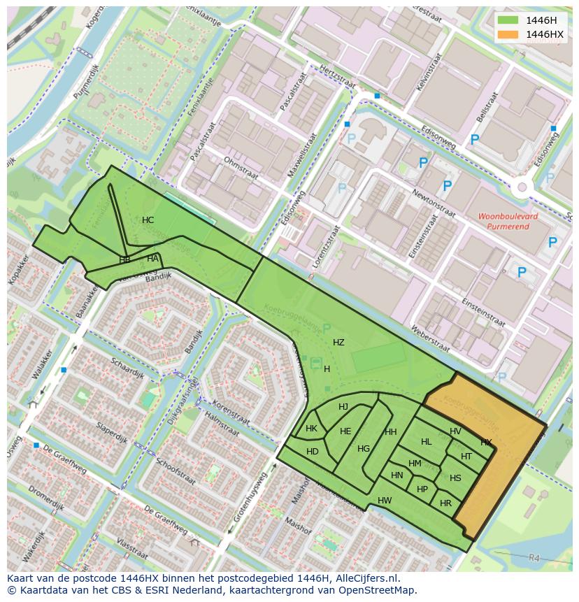 Afbeelding van het postcodegebied 1446 HX op de kaart.