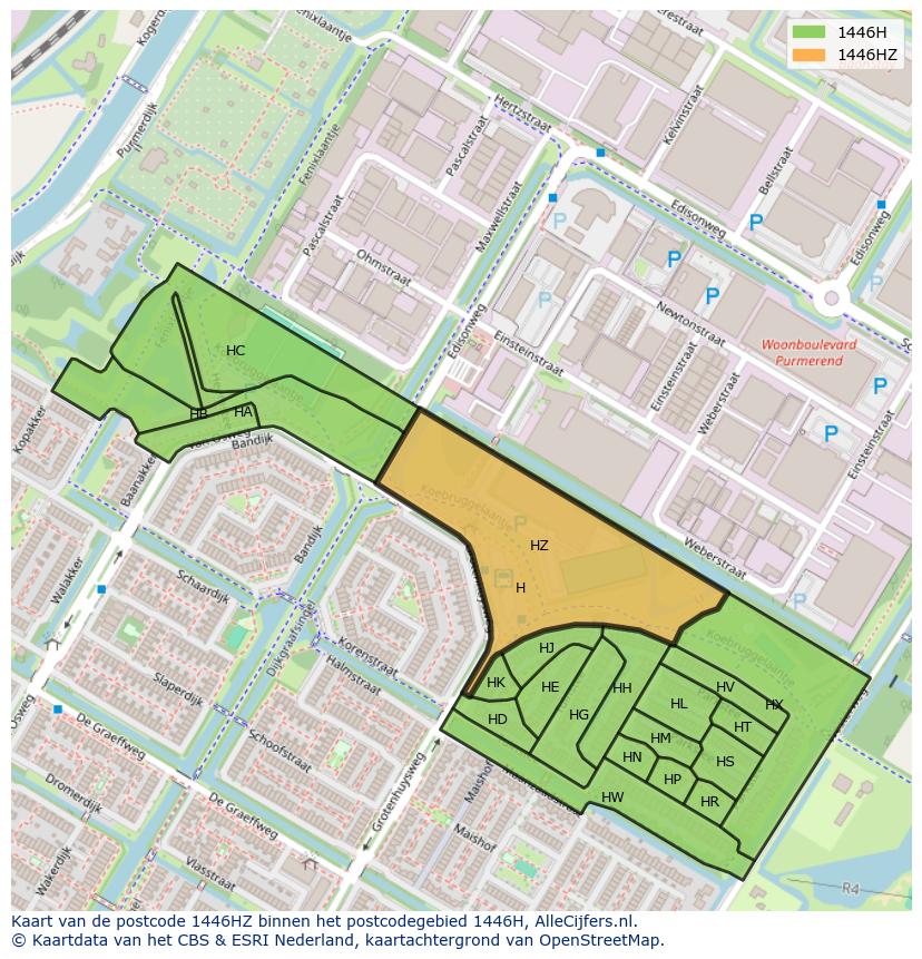 Afbeelding van het postcodegebied 1446 HZ op de kaart.