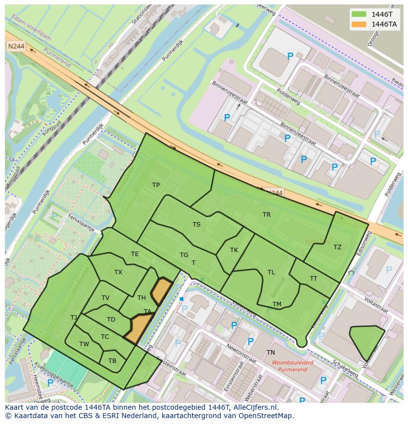 Afbeelding van het postcodegebied 1446 TA op de kaart.