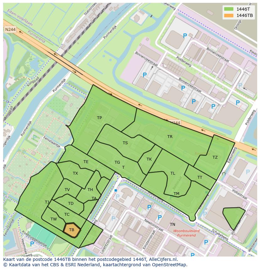 Afbeelding van het postcodegebied 1446 TB op de kaart.