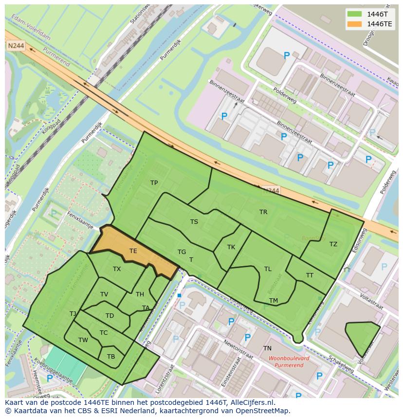 Afbeelding van het postcodegebied 1446 TE op de kaart.
