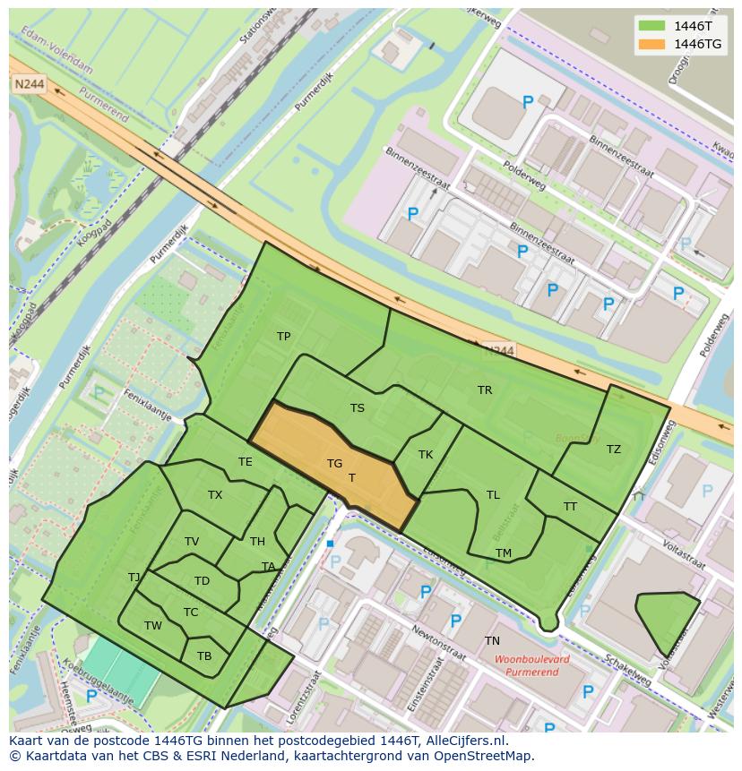 Afbeelding van het postcodegebied 1446 TG op de kaart.