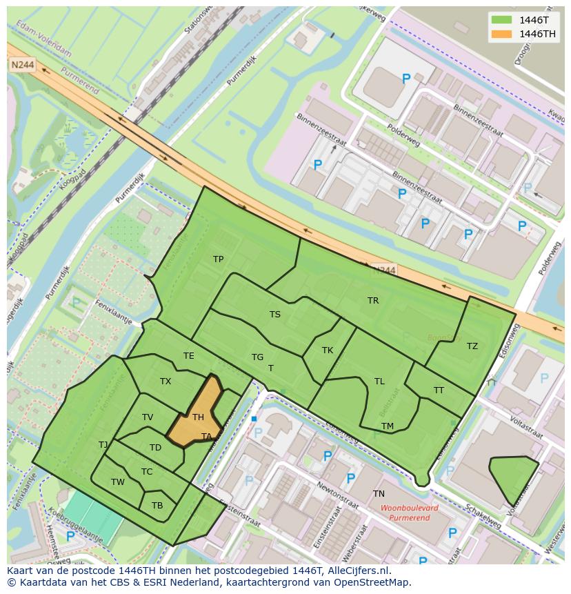 Afbeelding van het postcodegebied 1446 TH op de kaart.