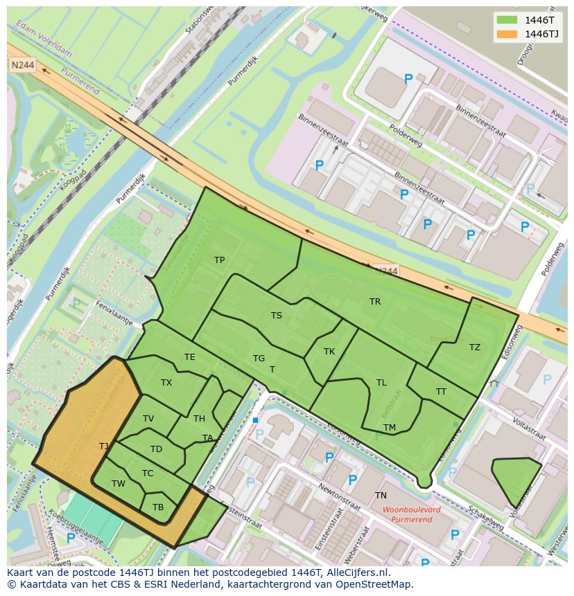 Afbeelding van het postcodegebied 1446 TJ op de kaart.