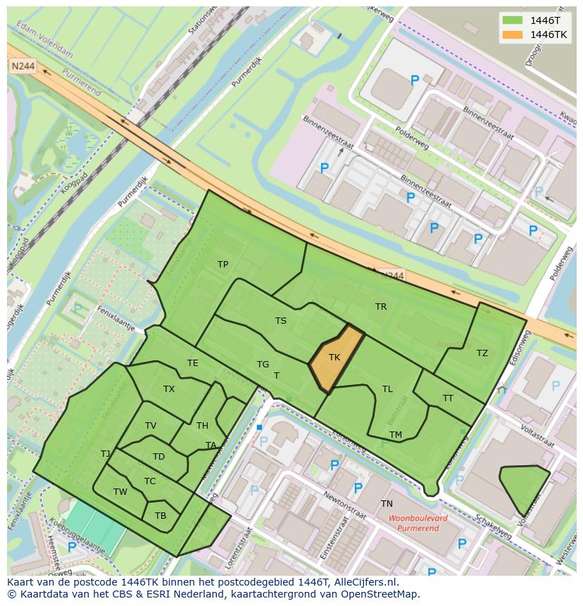 Afbeelding van het postcodegebied 1446 TK op de kaart.