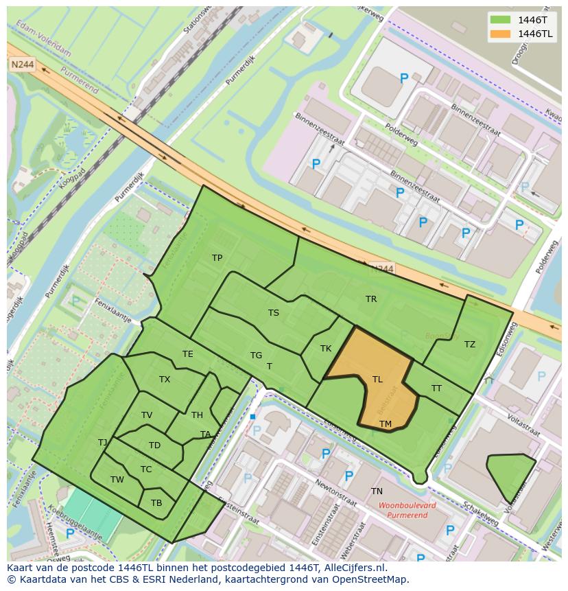 Afbeelding van het postcodegebied 1446 TL op de kaart.