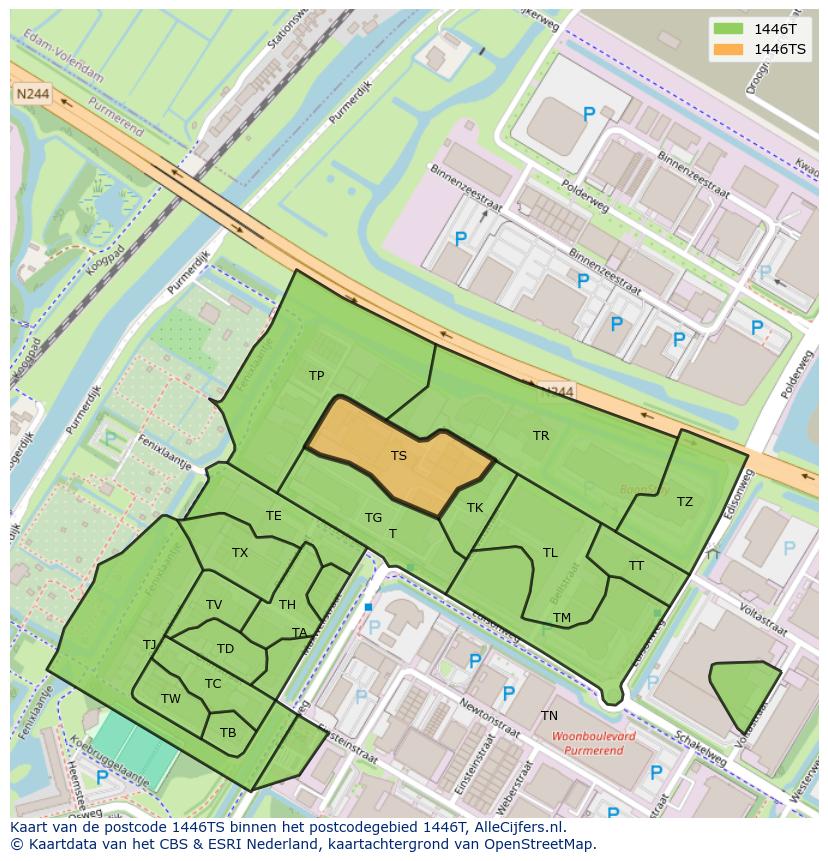 Afbeelding van het postcodegebied 1446 TS op de kaart.