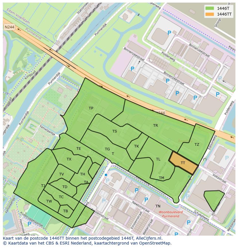 Afbeelding van het postcodegebied 1446 TT op de kaart.