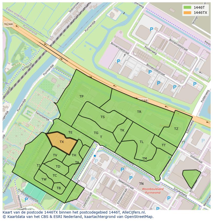 Afbeelding van het postcodegebied 1446 TX op de kaart.