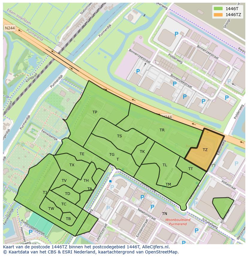 Afbeelding van het postcodegebied 1446 TZ op de kaart.