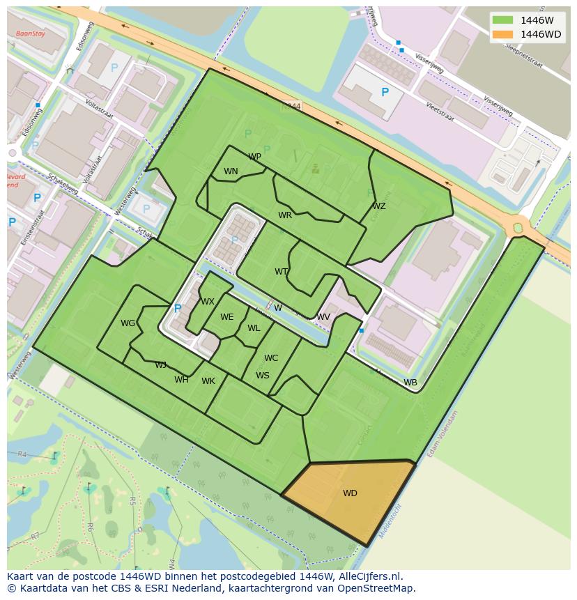 Afbeelding van het postcodegebied 1446 WD op de kaart.