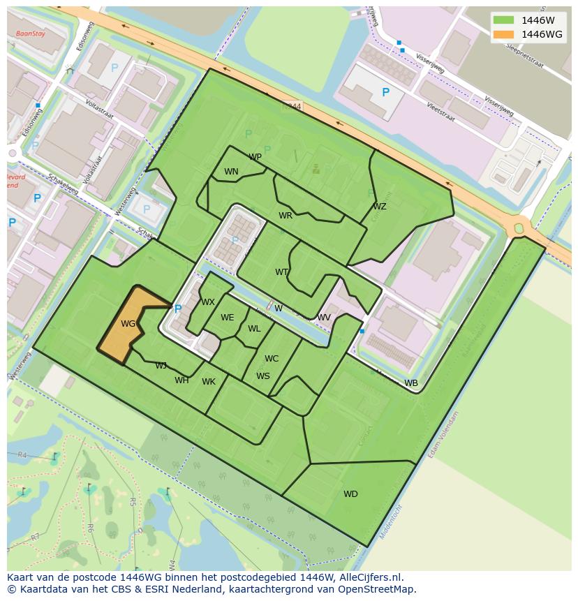 Afbeelding van het postcodegebied 1446 WG op de kaart.