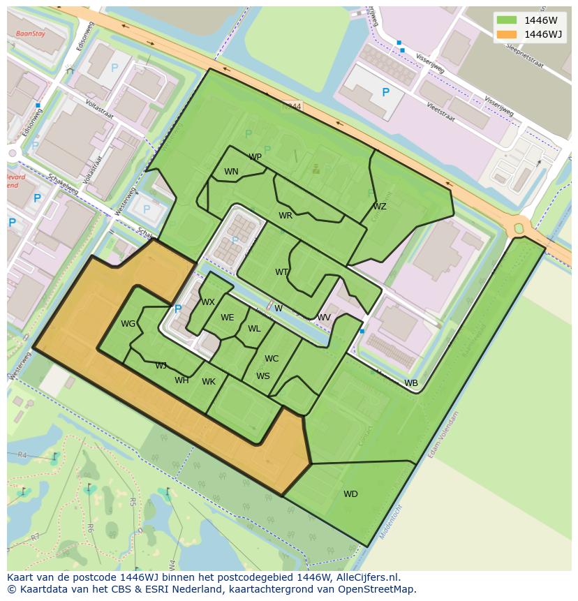Afbeelding van het postcodegebied 1446 WJ op de kaart.