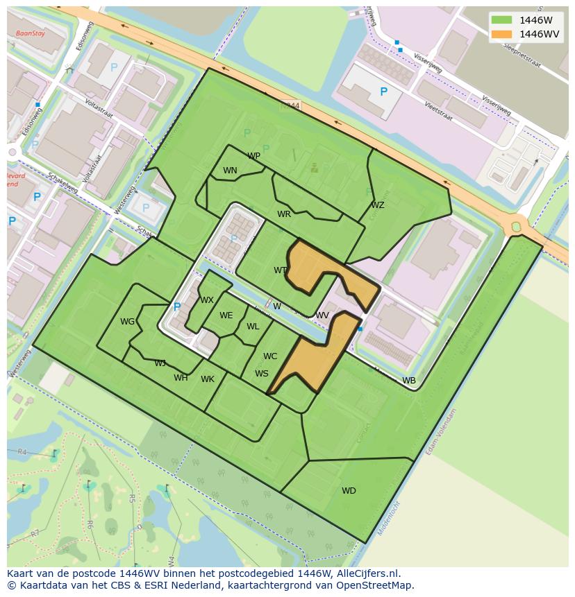 Afbeelding van het postcodegebied 1446 WV op de kaart.