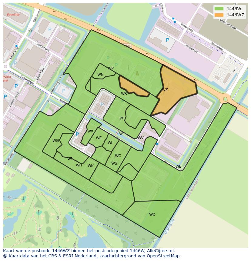 Afbeelding van het postcodegebied 1446 WZ op de kaart.
