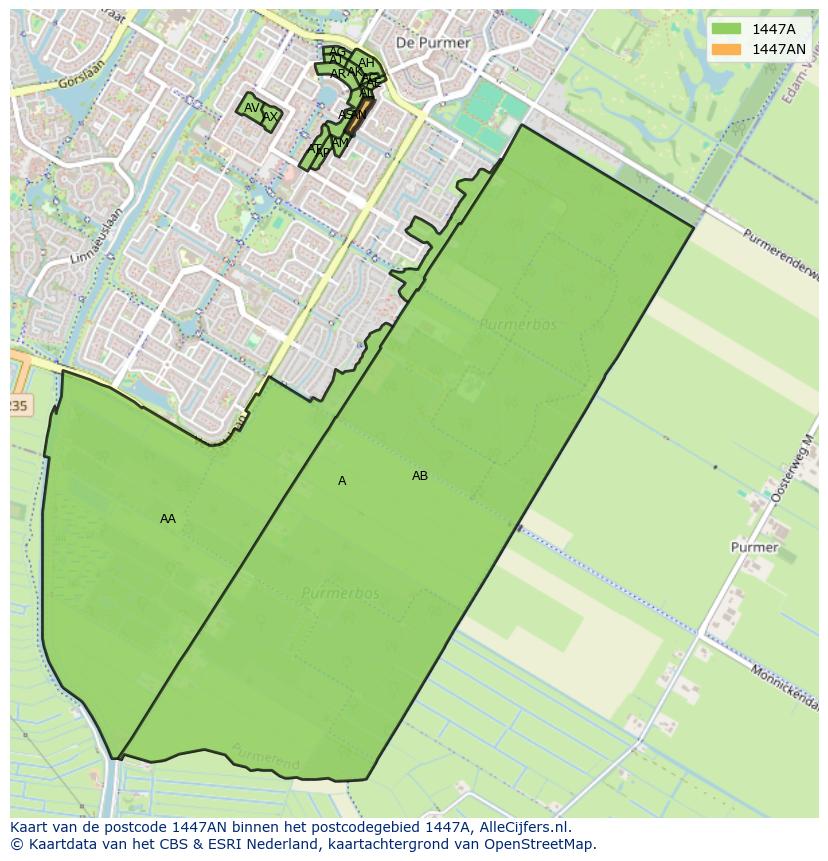 Afbeelding van het postcodegebied 1447 AN op de kaart.