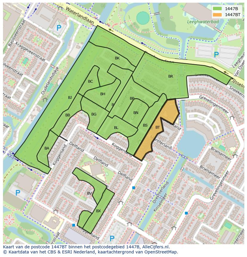 Afbeelding van het postcodegebied 1447 BT op de kaart.