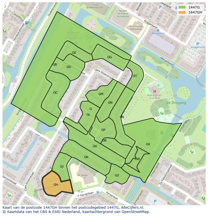 Afbeelding van het postcodegebied 1447 GH op de kaart.